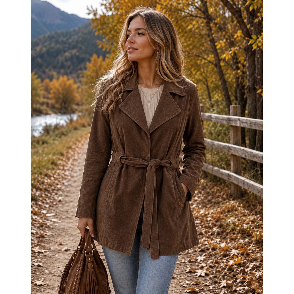 Bradley Bayou Genuine Leather Suede Trench Coat XL Brown Belted Boho Y2K